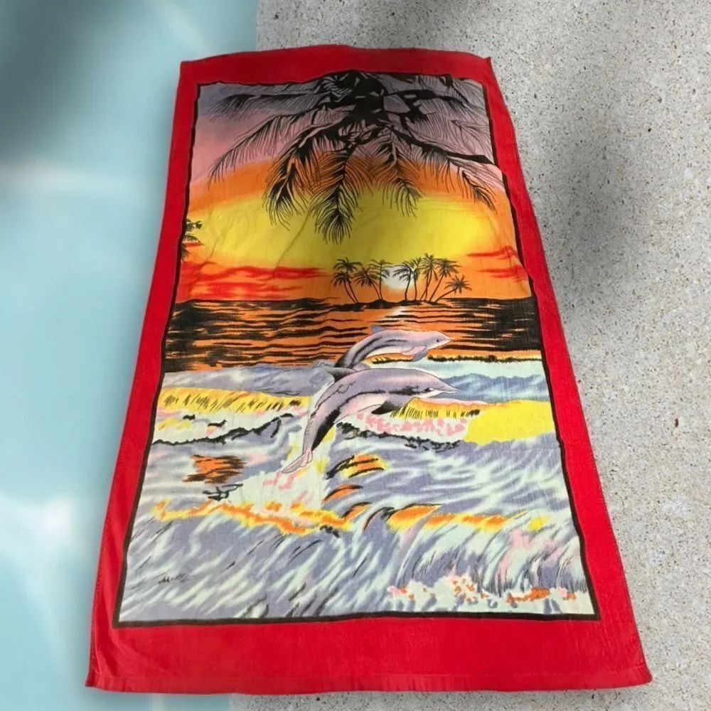 Vibrant Dolphin and Tropical Sunset Beach Towel